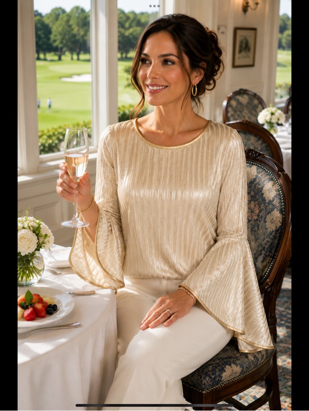 Ashley Stewart Champagne Metallic Bell Sleeve Blouse | Size 18/20 | Made in USA